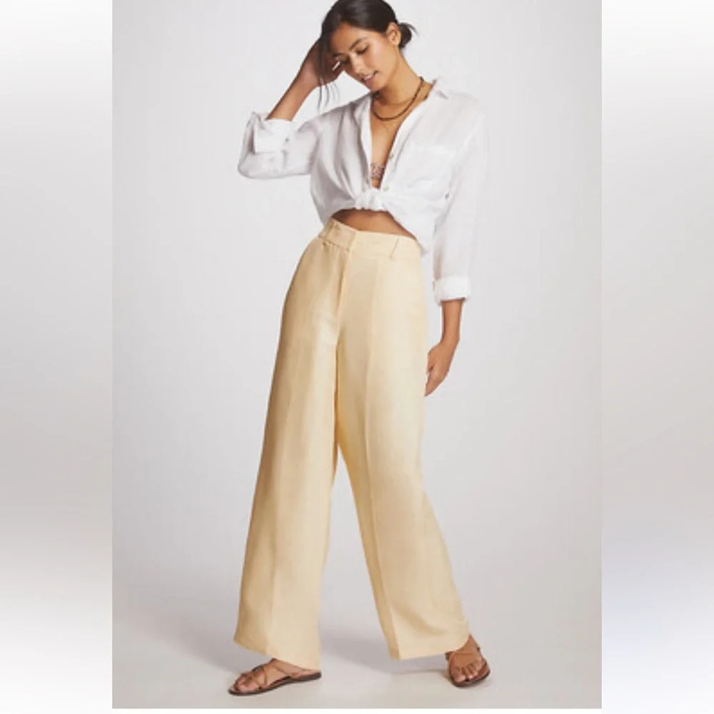 Rumere Linen wide leg pants mid rise  cream colour sleek modern clasp closure